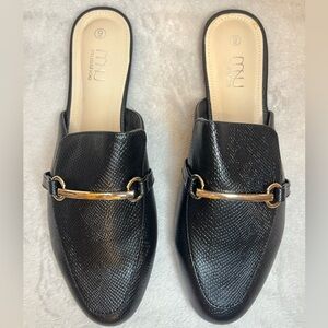 Musshoe Black Textured Mules with Gold Accent